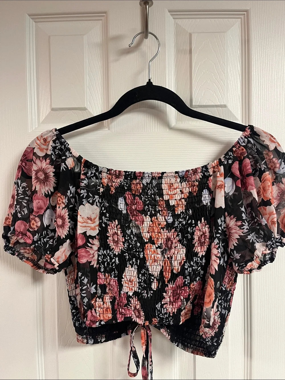 Floral Smocked Off-Shoulder Crop Top in Black and Pink
